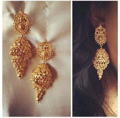 Sparkling Fashion: Gold Jhumka Earring designs latest 2019/ Gold buttalu Gold Jhumki Indian Jewelry, Gold Jhumka Designs, Gold Buttalu, Dubai Gold Jewelry, Gold Jhumka, Gold Earrings Indian, Indian Wedding Jewelry Sets, Gold Jhumka Earrings, Bridal Necklace Designs