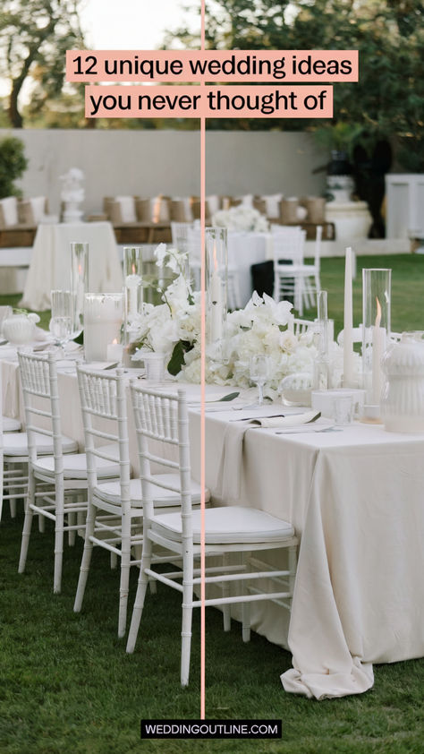 an outdoor wedding venue with white table and chairs with floral centerpieces and white candles. Unique Things At Weddings, Unique Wedding Features, Most Unique Wedding Ideas, Dry Wedding Ideas, Wedding Guest Present Gift Ideas, Unique Wedding Ideas For Guests, Weekend Wedding Ideas, Fun Ideas For Wedding Reception, Non Traditional Wedding Ideas Unique