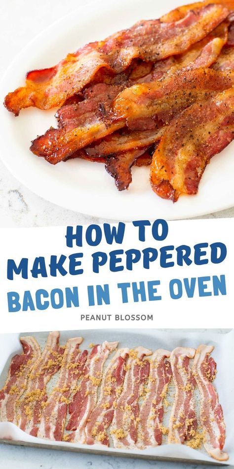 Learn how to bake peppered bacon in the oven with this awesome trick. You can easily turn it into a peppered candied bacon with just one extra ingredient. Sweet or savory bacon for BLT sandwiches or serving with your favorite weekend brunch like pancakes. Bacon With Brown Sugar, Peppered Bacon, Blt Sandwiches, Pepper Bacon, Savory Bacon, Brunch Sides, Peanut Gallery, Bacon In The Oven, Easter 2023