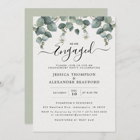 $3.08 | Elegant Eucalyptus Engagement Party #spring green, foliage, botanical, watercolor eucalyptus, elegant, greenery, calligraphy, engagement party, leaves, modern minimal Elegant Engagement Party, Retro Wedding Invitations, We Are Engaged, Watercolor Eucalyptus, Eucalyptus Wedding, Engagement Party Wedding, Retro Wedding, Engagement Party Invitations, Invitation Sizes