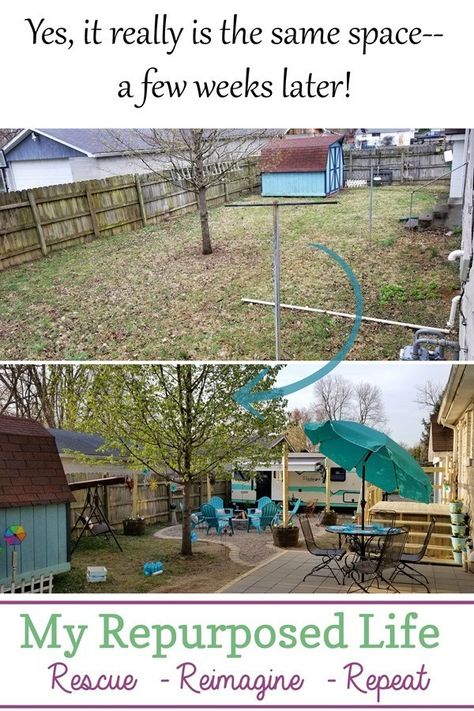 cozy backyard camper retreat guest space #MyRepurposedLife #outdoors #backyard #camper #camping #spon #hangoutchallenge Walkout Patio, Backyard Hangout, Outdoors Ideas, Recycling Projects, Side Yards, Pool Remodel, Cozy Backyard, Camper Camping, Witch Craft