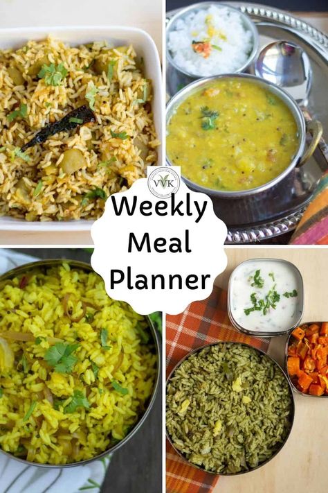 A weekly Indian vegetarian meal planner with "variety rice" options, and that's what I have for you this week. #weeklymealplanner #vegetarianmealplanner #indianmealplanner #southindianmealplanner #mealplanningandprepping Multicultural Recipes, Variety Rice, Vegetarian Platter, Indian Rice Recipes, Vegetarian Meal Plan, Cooking Easy, Weekly Meal Plan, Best Vegetarian Recipes, Mood Food