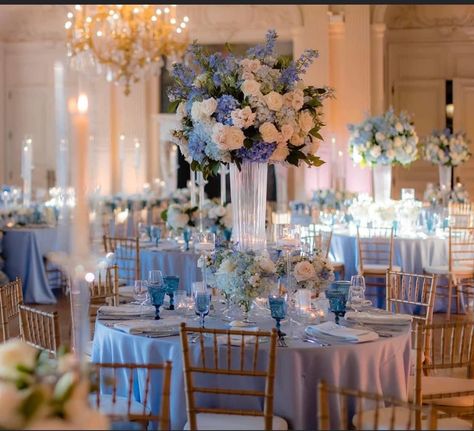 Quince Flower Centerpieces, Flower Centerpieces Blue, Blue Aesthetic Wedding, Cinderella Wedding Centerpieces, Fairytale Mansion, Romantic Fairytale Wedding, Pastel Blue Aesthetic, Centerpieces Blue, Light Blue Quinceanera Dresses