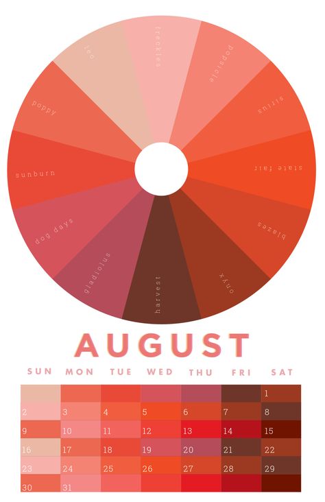 Based on a designer's color wheel, this wall calendar labels a unique color palette for each month with objects, feelings,... Nail Color Chart, August Colors, Unique Color Palette, Color Of The Month, Color Wheels, Color Mixing Chart, Color Combinations For Clothes, Family Coloring, Colour Theory