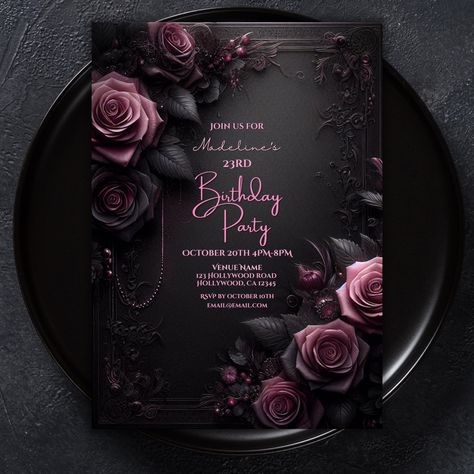 Gothic Birthday Invitation | Pink & Black Digital Download | Dark Fantasy Party Invite | Black and Pink Gothic Floral Invitation, Roses, Pink Roses Elevate your celebration with our Gothic Pink and Black Lux Birthday Invitation, featuring an enchanting pink and black design. Perfect for dark fantasy and Halloween-themed parties, weddings, or whatever you can imagine. This digital download is both versatile and easy to customize. This invitation embodies the beauty of Gothic design with its intri Gothic 18th Birthday, Dark Fantasy Party, Black And Pink Wedding Theme, Emo Party Invitations, Goth Invitations, Black And Pink Party Theme, Pink And Black Party Theme, Rose Gold And Black Party Theme, Black And Pink Wedding Ideas