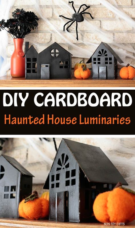 DIY cardboard haunted house luminaries to make for Halloween #ad @Amazon #boxtumes #morethanabox #amazonprime #halloween #halloweendecorations #halloweenfun #halloweencrafts #halloweendiy Diy Mini Haunted House Decor, Cardboard Halloween Village, Diy Miniature Haunted House Ideas, Haunted House Mantle, Halloween Haunted House Village, Haunted House Village Diy, Cardboard Box Crafts Halloween, Cardboard Haunted House Diy Template, Diy Halloween House Craft