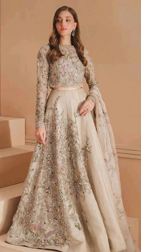 Pakistani Style Lehenga, Modest Lehenga Pakistani Bridal, Indian Jacket Outfit, Modest Lehenga Designs, Indian Wedding Dresses Simple, Nikkah Lehnga, Pakistani Lehenga Designs, Modest Lehenga, Walima Dresses Pakistani Brides