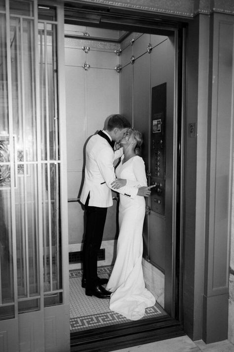 Old Money Prom Photoshoot, Old Money Elopement, Old Money Wedding Pictures, Old Money Wedding Photos, Engagement Photos Elevator, Elevator Editorial, Couples Photos In Elevator, Elevator Photoshoot Wedding, Wedding Elevator Picture