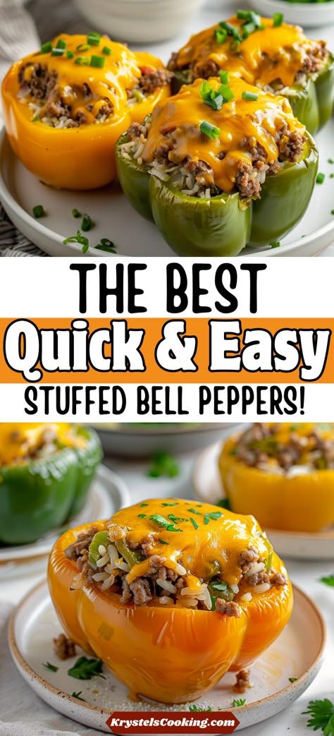 Looking for a simple and nutritious fall dinner idea? Try our Easy Stuffed Bell Peppers! Filled with savory ground beef and baked to perfection, it’s a healthy option the whole family will love. Quick Stuffed Bell Peppers Easy Recipes, Stuffed Bell Pepper Crockpot Recipes, Stuffed Bell Peppers Ground Beef And Rice Recipes, Spicy Stuffed Bell Peppers, Stuffed Bell Peppers For 2, Easy Healthy Stuffed Bell Peppers, Dinner Recipe With Hamburger Meat, Baked Stuffed Bell Peppers, Simple Stuffed Bell Peppers