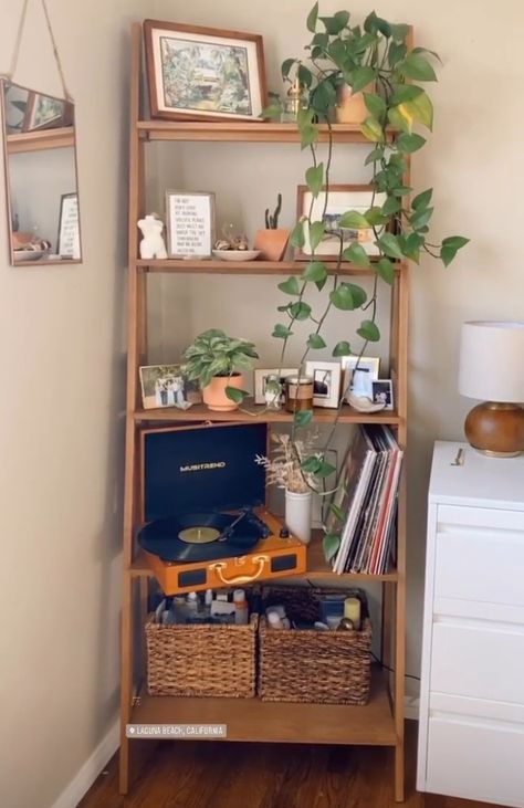 Apartment Decor Bookshelf, Bookcase In Apartment, Mcm Plant Shelf, Bedside Bookshelf Ideas, Ladder Shelf With Plants, Book Case Ideas Living Room Apartment, Bedroom Ladder Shelf Decor, Midcentury Bookshelf Styling, Ladder Bookshelf Bedroom