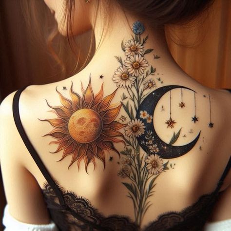 Sun And Moon Women Tattoo, Witch Fairy Tattoo, Sun Moon Star Flower Tattoo, Witch Tattoo Spine, Woman And Moon Tattoo, Color Neck Tattoo, Witch Inspired Tattoo, Sun And Moon Sleeve Tattoo, Matching Witchy Tattoos