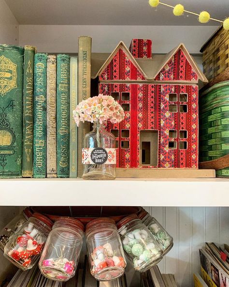 Cathe Holden on Instagram: “Selfies? Nah- I prefer #shelfies . #stuffinmystudio #inspiredbarn #shelf #shelfdecor #millineryflowers #antiquebooks” Cathe Holden, Colorful Cottage, Antique Books, Shelf Decor, Craft Room, Bold Colors, Apples, Selfies, Beautiful Homes