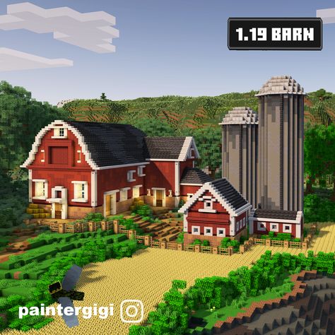 Farm Land Minecraft, Cute Cow Farm Minecraft, Minecraft Farm Entrance, Silo Minecraft Build, Minecraft Large Farm Ideas, Red Barn Minecraft, Minecraft Farming House, Barn Design Minecraft, Minecraft Barn Layout