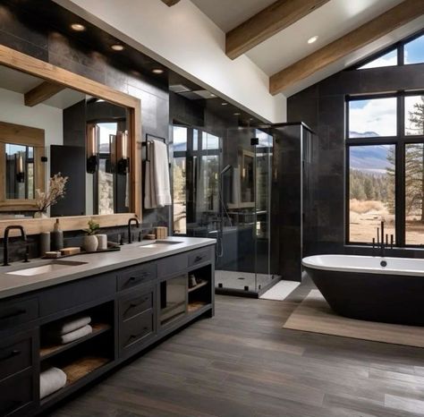 Lake Home Bathroom Ideas, Mountain House Interior Bathroom, Barndominium Ideas Interiors Black, Large Rustic Bathroom, Master Bath Ideas Dark, Barndominium Interior Bathroom, Master Bath Barndominium, Barndo Bathroom Ideas, Mountain Master Bath