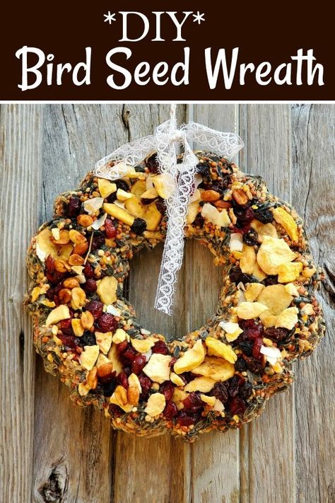 Spoil the backyard birds with this super fun  & easy DIY Bird Seed Wreath.  The kiddos will LOVE helping with this little nature project! Bird Treats Diy, Diy Bird Seed Cakes, Bird Treats Homemade, Bird Suet Recipes Homemade, Bird Seed Wreath Recipe, Diy Bird Seed, Bird Seed Crafts, Bird Seed Wreath, Birdseed Wreath