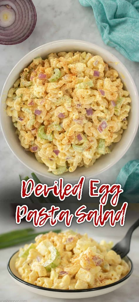 This Deviled Egg Pasta Salad is a simple, yet delicious side dish that comes together quickly and easily. The flavors of deviled eggs and pasta salad come together perfectly in this recipe, making it an ideal party dish or weeknight dinner side. Mothers Day Side Dishes, Cookout Meals, Deviled Egg Pasta Salad, Egg Pasta Salad, Picnic Side Dishes, Easy Summer Side Dishes, Barbecue Side Dishes, Cold Salads, Cookout Side Dishes