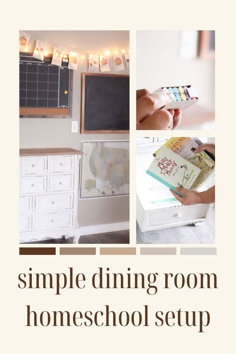 simple homeschool dining room Homeschool Area In Dining Room, Small Dining Room Homeschool Space, Dining Room Homework Station, Small Homeschool Area, Homeschool In Dining Room, Homeschool Kitchen Classroom, Minimal Homeschool Room, Dining Room Ideas Simple, Living Room Homeschool Space