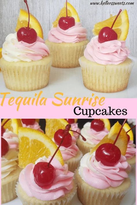 Super light and delicious Tequila Sunrise Cupcakes with orange and cherry! #tequila #tequilasunrise #orangecupcakes Tequila Cupcakes, Boozy Cupcakes Recipes, Tropical Cupcakes, Alcohol Cake, Boozy Cupcakes, Alcoholic Desserts, Cake Photos, Boozy Desserts, Gourmet Cupcakes