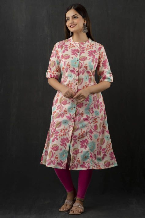 *Sponsored by Shree International* *Jaipuri kurta* *Type :- Women Floral printed A-Line calf length kurta, Both side Pocket, has a banded neck, three-quarter sleeves, straight hem, side slits Material - Cotton Size - M , L , XL , XXL Kalamkari Kurta Designs, Office Kurti, A Line Kurti Designs, Kalamkari Kurta, Jaipuri Kurti, Neck Models, Alia Cut, Printed Kurti Designs, Kurti Sleeves