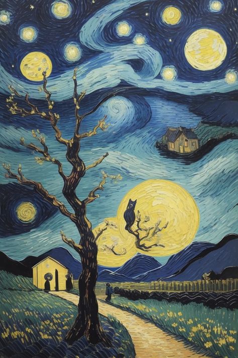 Starry Night Prom, Starry Night Art, Inspiration Painting, Moon Painting, Van Gogh Paintings, Van Gogh Art, Night Art, Art Inspiration Painting, Vincent Van