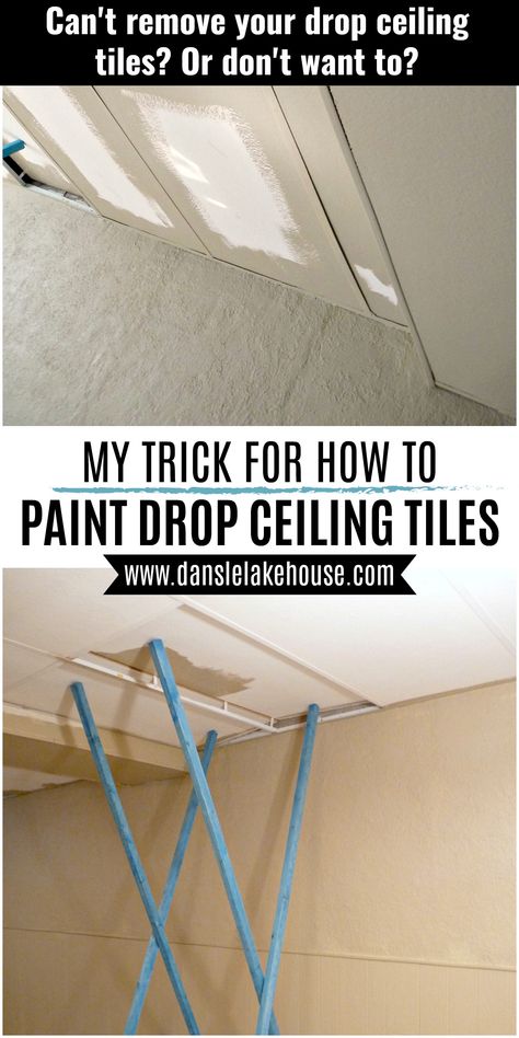 Can't remove your drop ceiling tiles? Don't want to remove your drop ceiling? Click through for my trick to paint drop ceilings without removing the tiles!  I tell you why other methods didn't work and show you the drop ceiling with paint! Hopefully this is helpful among the paint drop ceiling tiles ideas. Paint drop ceilings DIY. Paint drop ceiling tiles basement makeover - makes a huge upgrade on a budget. it's a drop ceiling makeover cheap. Love this drop ceiling makeover DIY! Faux Wood Drop Ceiling Tiles, How To Update Ceiling Tiles, Drop Tile Ceiling Makeover Basement, Drop Ceiling Paint, Painted Tile Ceiling, Update Drop Ceiling Tiles, How To Paint Drop Ceiling Tiles, Updating Drop Ceiling Tiles, Basement Ceiling Tiles Makeover