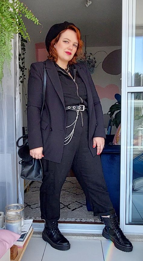 Queer Goth Aesthetic, Plus Size Nb Fashion, Nonbinary Goth Outfits, Plus Size Office Goth, Plus Size Alt Fashion Masc, Corp Goth Work Outfits Plus Size, Emo Formal Outfit, Fat Butch Fashion, Curvy Androgynous Style