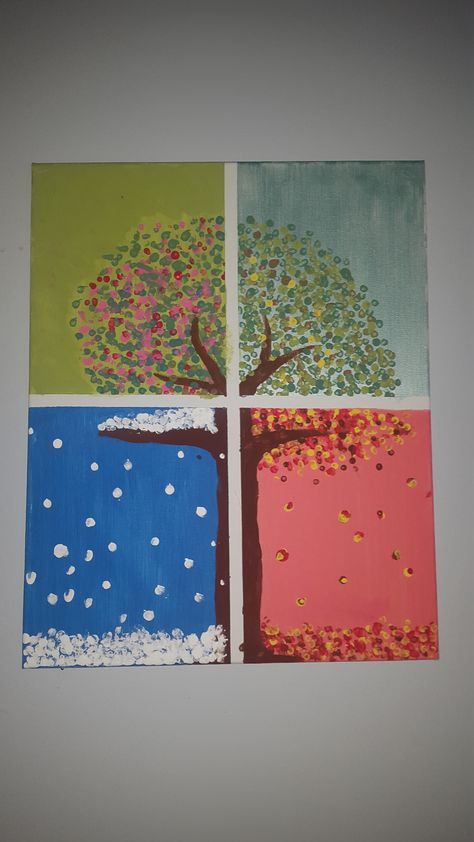 4 Seasons Fingerprint Art, Spring Season Decoration Ideas For School, Seasons Art For Preschool, Season Trees Preschool, 4 Season Tree Art, Seasons Year 1, 4 Seasons Art Projects For Kids, 4 Seasons Art For Kids, Seasons Art Preschool