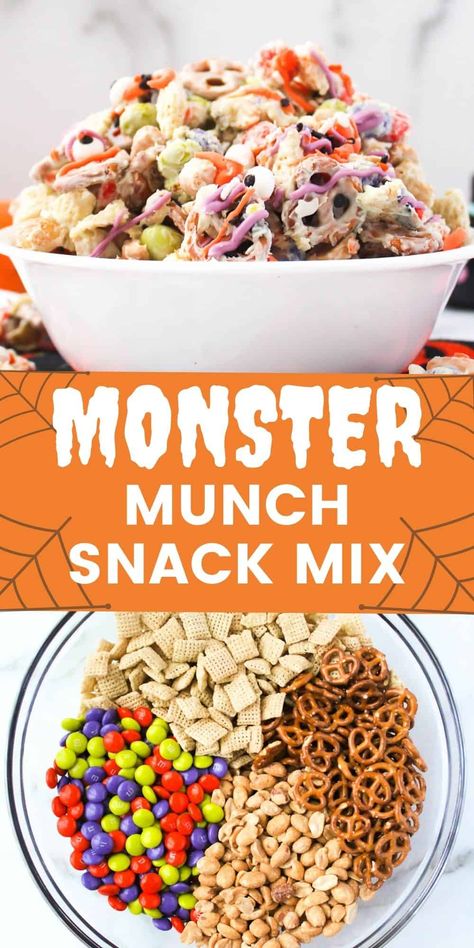 Throw together your favorite sweet and salty snacks and cover them with white chocolate. Monster Munch makes a great Halloween dessert. There's no baking required. White Chocolate Monster Munch, Halloween Chex Mix White Chocolate, Trail Mix Recipes Halloween, Halloween Monster Munch, White Chocolate Halloween Treats, Halloween Salty Snacks For Party, Halloween Trash Recipe, Monster Mix Snack, Salty Halloween Food