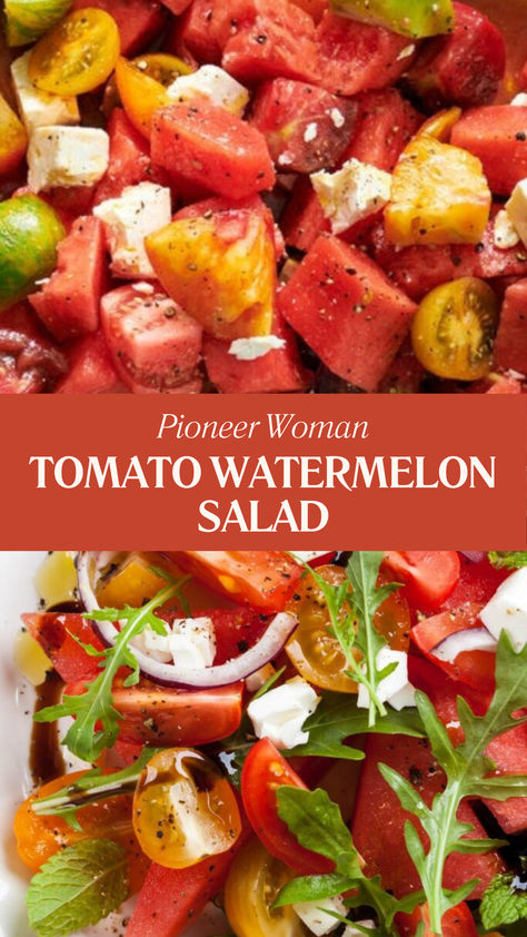 Pioneer Woman Tomato Watermelon Salad Heirloom Tomato And Watermelon Salad, Tomato And Watermelon Salad, Pioneer Woman Heirloom Tomato Salad, Watermelon Tomato Feta Salad, Tomato Watermelon Salad, Watermelon Recipes Salad, Summer Tomato Recipes, Watermelon Salads, Rider Biomechanics