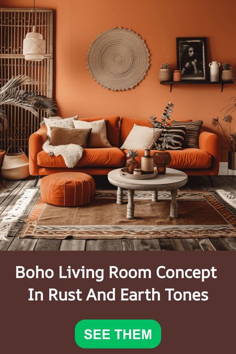 Explore the warmth and charm of a boho living room with this concept in rust and earth tones. Create a cozy and inviting atmosphere with rich colors and natural textures. Embrace the eclectic style by mixing patterns and adding unique decor elements. Let your space be a reflection of your free-spirited personality with this inspiring design idea. Eclectic Bohemian Living Room, Boho Color Scheme, Mismatched Furniture, Bohemian Living Room Decor, Room Concept, Orange Sofa, Mixing Patterns, Boho Interior Design, Bohemian Interior Design