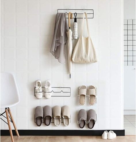 Shoe Storage In Bedroom, Ideas Recibidor, Wall Storage Shelf, Wall Mounted Storage Shelves, Wall Mounted Shoe Rack, Scandi Kitchen, Shoe Holder, Wall Storage Shelves, Shoes Rack