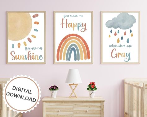 Watercolor Boho Rainbow Nursery Wall Art set of 3 - You are my sunshine, You make me happy, When skies are gray, gender neutral nursery art by NurseryNookDesigns on Etsy Diy Rainbow Nursery Decor, You Are My Sunshine Boy Nursery, Sunshine And Rainbow Nursery, Sunshine Nursery Theme Gender Neutral, Nursery Painting Ideas, Rainbow Themed Nursery, Gender Neutral Nursery Art, Boho Rainbow Nursery, Neutral Nursery Art