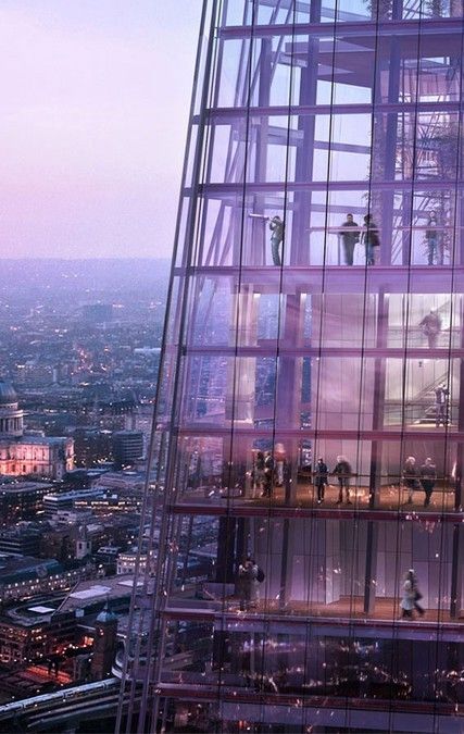 The viewing floors of the Shard, London UK. Panoramic views of London are experienced from this building nearly 310m tall. The Shard London, Shangri La Hotel, Skyscraper Architecture, The Shard, Renzo Piano, Famous Architects, London Places, London Today, Unique Experiences