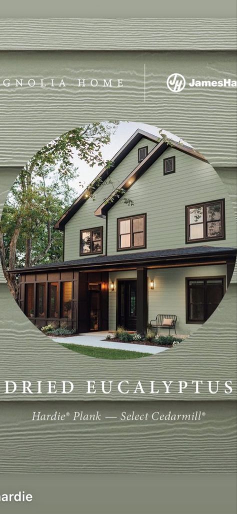 Eucalyptus Exterior House Color, Exterior Sage Green House Colors, Greenish Gray Siding, Dried Eucalyptus Paint Color, Dried Eucalyptus Exterior Paint, Green And Black House Exterior, Green Gray House Exterior, Green Hardie Board House, Green Hardy Board Siding