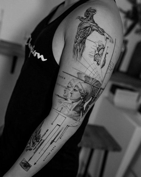 Vitruvian Man Tattoo, Geometric Tattoo Leg, Herren Hand Tattoos, Geometric Tattoo Sleeve Designs, Geometric Tattoo Pattern, Roman Tattoo, Mangas Tattoo, Geometric Sleeve Tattoo, Statue Tattoo