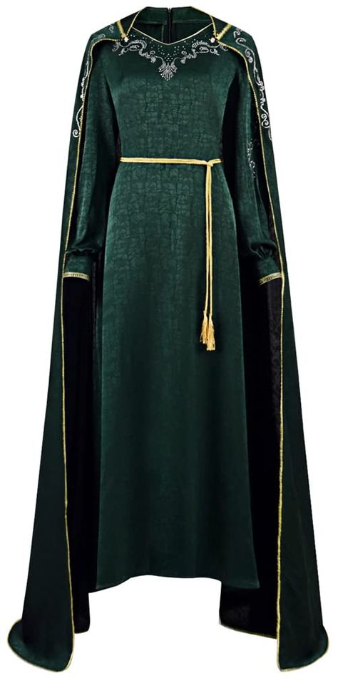 PRICES MAY VARY. Adult House of Dragon cosplay costume women's Alicent Hightower green tunic dress cloak suit Halloween Christmas carnival party role playing queen gown robe outfit. Exquisite gold silk embroidery trim on cloak and cuffs highly restore the charactor. Crystal rhinestone and small metal flowers embellishment highlight the elegance and dignity of womens, which will make you be eye-catching. Knitted waistband helps to construct an elegant body. Hook closure on cuffs and back zipper d Alicent Hightower Dress, Hightower Dress, Historical Dresses Medieval, Green Princess Dress, Long Dress Outfit, Medieval Cape, Green Tunic Dress, Celtic Clothing, Naruto Clothing