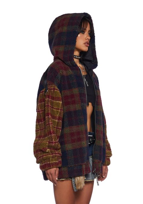 Current Mood Faux Fur Sherpa Plaid Zip-Up Hooded Jacket - Multi – Dolls Kill Vibe Outfits, Jacket With Hood, Whimsigoth Fashion Winter, Apocalypse Jacket, The 100 Clothes, Jacket Streetwear, Aesthetic Jacket, Hooded Sherpa Outerwear For Streetwear, Urban Plaid Outerwear For Streetwear