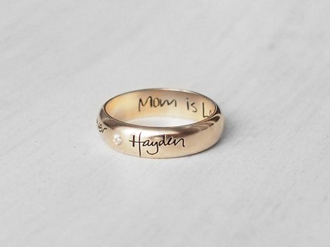 Gold engraved handwriting ring for child memorial #childmemorialjewelry  #memorialring Gold Antique Engagement Rings, Rose Gold Stackable Rings, Morganite Engagement Ring Oval, White Gold Engagement Rings Vintage, Couple Ring Design, Signature Ring, Antique Style Rings, Mothers Ring, Engagement Rings Couple