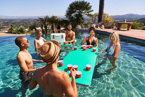 This Pool Float Doubles As A Beer Pong Table And We Officially Can’t Wait For SummerDelish Pool Beer Pong, Funny Pool Floats, Floating Beer Pong Table, Beer Pong Cups, Flamingo Inflatable Pool, Beer Pong Table Designs, Flamingo Pool Float, Floating Drink Holder, Red Beer