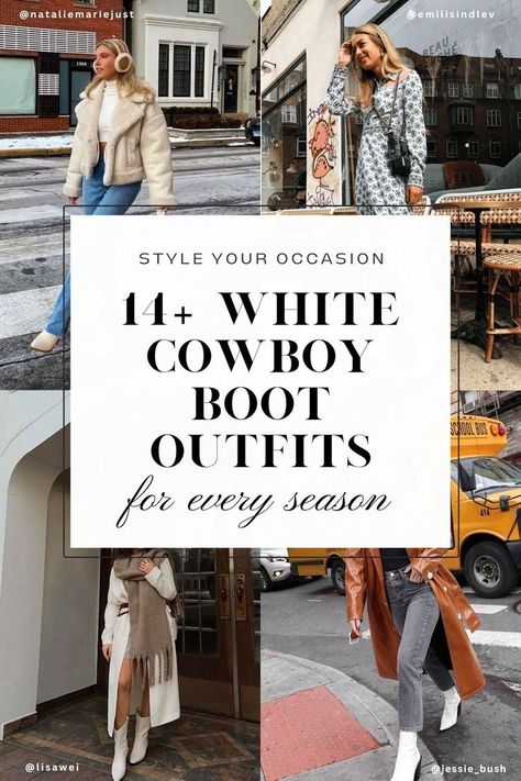 We’re showing you how to style white cowboy boots and 14+ chic white cowboy boot outfits for that perfect urban cowgirl look! Whether you need a cowboy boot outfit for a concert, work, or everyday wear, we’ve got the chic styles for you. Click through for the chicest white cowboy boot outfits with dresses, jeans, and ideas for summer, winter, spring, and fall. White Cowgirl Boots Outfit, Ankle Cowboy Boots Outfit, White Cowboy Boots Outfit, Loose Jeans Outfit, Short Cowboy Boots Outfit, Western Boot Outfit, Boots Outfit Ideas, Cowboy Boot Outfits, Western Boots Outfit