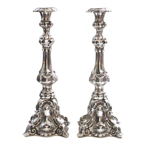 1960s Baroque Silverplate Candlesticks - a Pair Thonet Chair, Brides Basket, Silver Candlesticks, Home Fragrance Accessories, Selling Furniture, Wine Bottle Crafts, Tiffany And Co, Baroque Fashion, Candle Shop