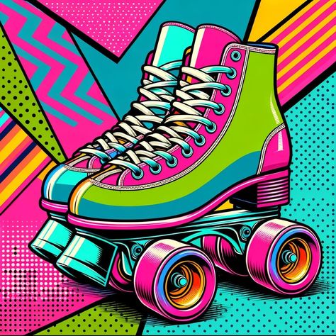 80s Illustration Graphics, Pop Art Mural Wall, Pop Art 90s, Retro Modern Art, Roller Skate Illustration, Pop Art Background Design, 80s Rollerskate, Neon Design Graphic, Pop Art Fashion Photography