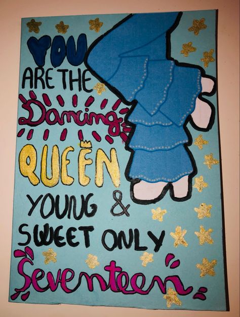 Mama Mia Canvas Painting, Dancing Queen Birthday Cards, Mamma Mia Card Ideas, Abba Painting Ideas, Mama Mia Painting Ideas, Dancing Queen Drawing, Mama Mia Drawing, Mamma Mia Card, 17th Birthday Card Ideas