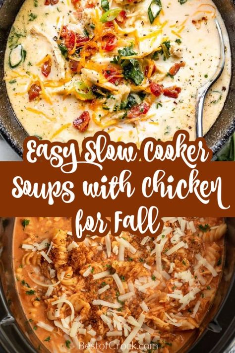 Easy slow cooker soups with chicken for fall make for some amazing comfort food recipes or fall dinner party appetizers. Fall Soup Recipes | Chicken Soup Recipes | Soup Recipes with Chicken | Fall Dinner Party Recipes | Fall Dinner Recipes | Meal Prep Recipes | Crockpot Soup Recipes | Crockpot Soups with Chicken | Homemade Soup Recipes | Healthy Crockpot Recipes | Healthy Slow Cooker Recipes Chicken Soup Pressure Cooker Recipes, Crock Pot Fall Recipes, Fall Crockpot Recipes Soup, Crockpot Soup With Chicken, Crockpot Soup Recipes Chicken, Crockpot Soup Chicken, Homemade Soup Recipes Healthy, Fall Dinner Party Recipes, Crockpot Chicken Soup Recipes