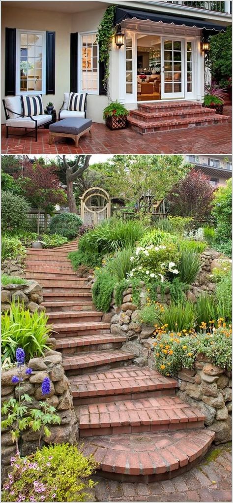 Go for Brick Stairs for a Rustic Feel Brick Outdoor Steps, Half Moon Brick Steps, Brick Stairs Garden, How To Build Brick Steps, Curved Brick Steps, Rounded Brick Steps, Brick Stairs Outdoor, Brick Exterior Steps, Rustic Brick Patio