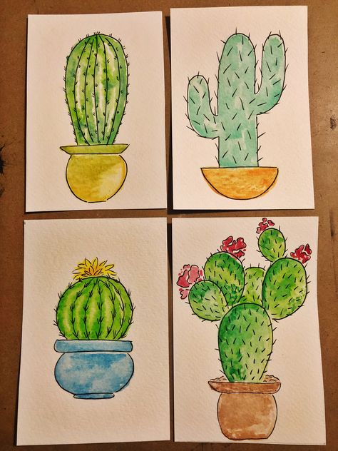 Watercolor cactus with pen outline Watercolor Art Outline, Pen Outline Watercolor, Watercolor With Pen Outline, Waterpaint Ideas, Cactus Drawing, Watercolor Paintings Nature, Cactus Painting, Succulent Art, Watercolor Cactus