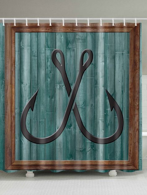 Fishhook Wood Print Waterproof Bathroom Shower Curtain for A's bath Fishing Bathroom, Fishing Bathroom Decor, Anchor Painting, Nautical Shower Curtain, Nautical Bathroom Decor, Waterproof Bathroom, Nautical Bathrooms, Bathroom Shower Curtain, Fishing Decor