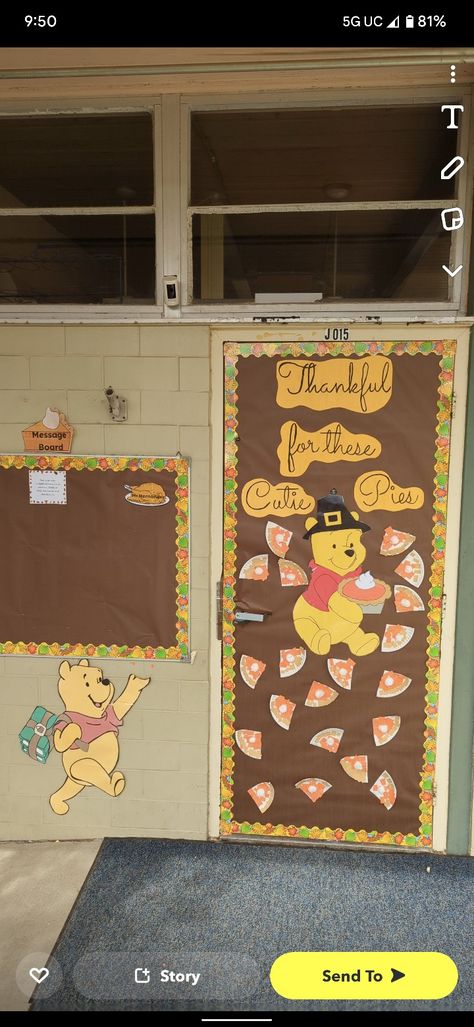 Fall Prek Bulletin Board Ideas, Thanksgiving Daycare Doors, Thanksgiving Wall Decor Classroom, Fall Bulletin Boards Infant Room, Thanksgiving Decorations Door Classroom, Thanksgiving Toddler Door Ideas, November Prek Bulletin Boards, November Bulletin Boards For Daycare, Fall Disney Door Decorations Classroom