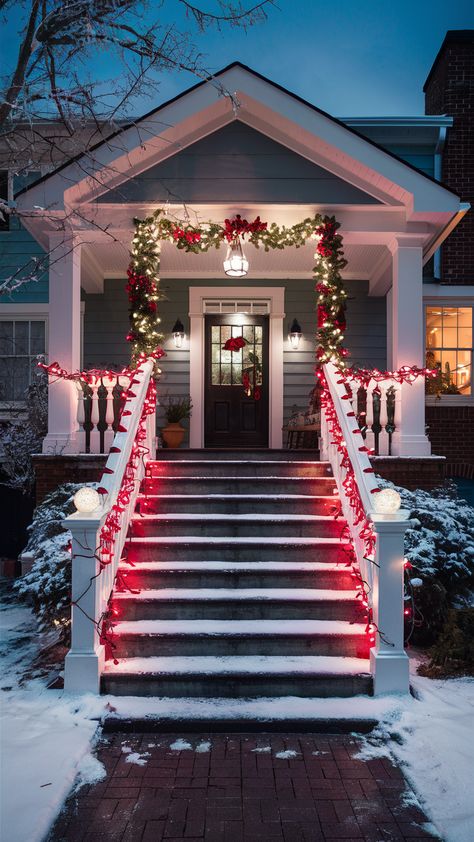 20 Stunning Ideas for White and Red Christmas Lights Outside Your House Christmas Outdoor Stairs, Red White Green Christmas Lights, White And Colored Christmas Lights, Porch Railing Christmas Decor, Outside House Decor, Front Porch Stairs, Christmas Garland On Stairs, White And Red Christmas, Green Christmas Lights