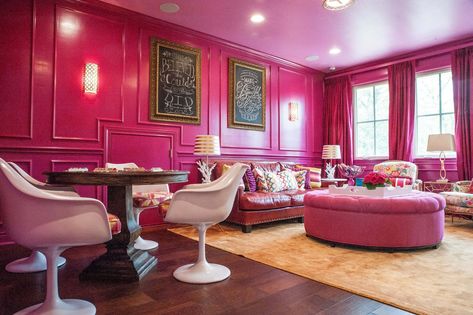 Hot Pink Bedding, Hot Pink Decor, Transitional Family Room, Hot Pink Walls, Tulip Chair, Hot Pink Flowers, Pink Color Schemes, Pink Living Room, Pink Interior